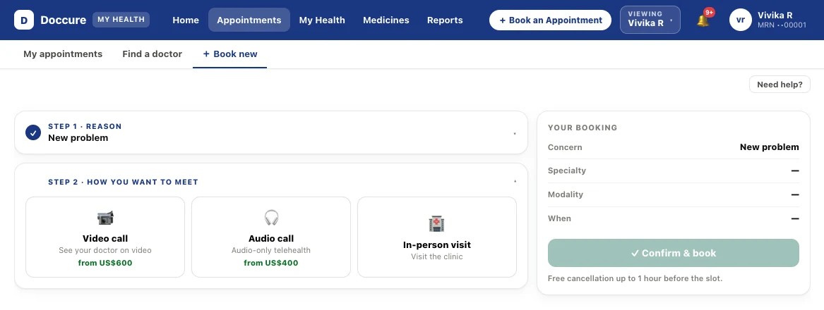 Patient choosing a video call, audio call or in-person visit while booking in the Doccure portal