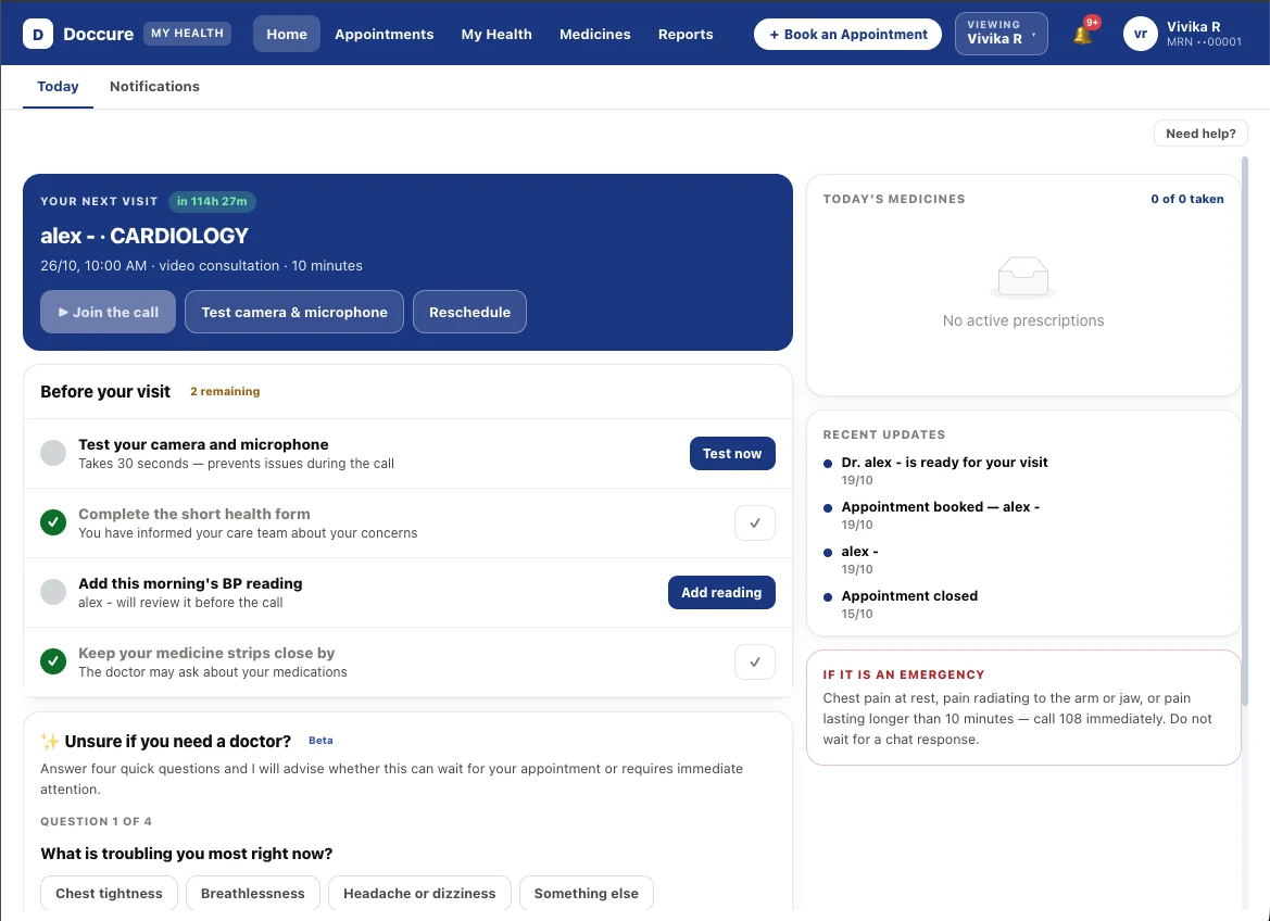 Doccure patient portal home with the next video visit, a pre-visit checklist and recent updates